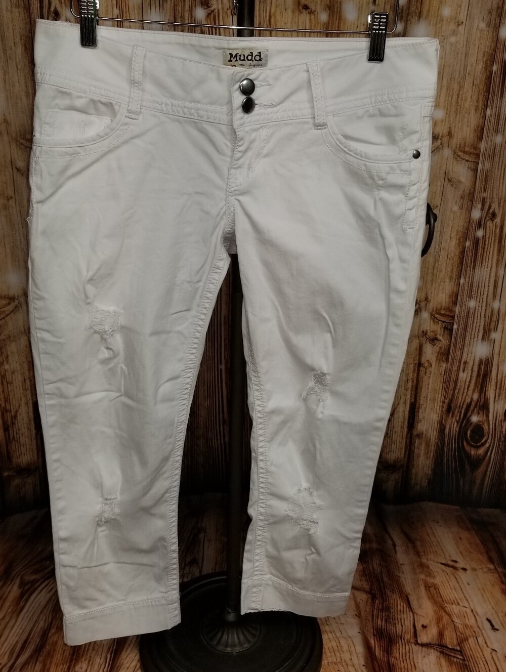 Mudd Y2K Juniors White Distressed Capri Pants Size 11 Low Rise Cotton Vintage